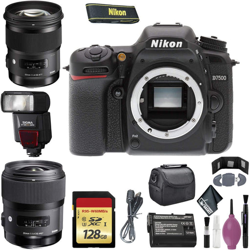 Nikon D7500 DSLR Camera (Body Only) (International Model) - 128GB - Case - EN-EL15 Battery - Sigma EF530 ST - 50mm f/1.4 DG HSM Art Lens - 35 f/1.4 DG HSM Lens F/Nikon