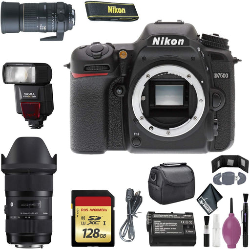 Nikon D7500 DSLR Camera (Body Only) (International Model) - 128GB - Case - EN-EL15 Battery - Sigma EF530 ST - AF135-400 F4.5-5.6 DG APO Lens Mount - 18-35MM 1.8 DC HSM F/NIKON