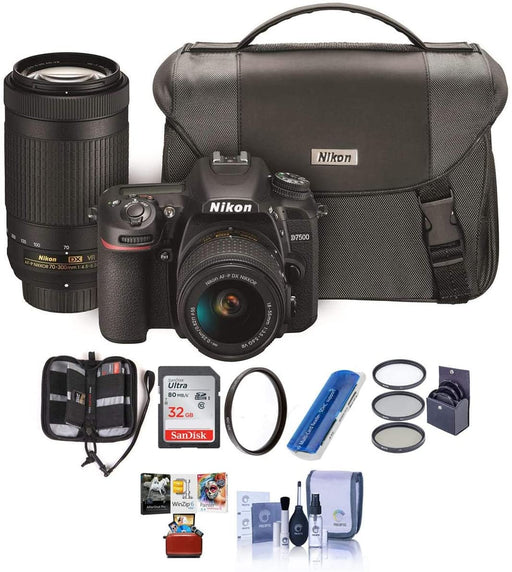Nikon D7500 DSLR with AF-P DX NIKKOR 18-55mm VR and 70-300 ED VR Lenses, Bag - Bundle with 32GB SDHC Card, Cleaning Kit, Card Reader, 55mm Filter Kit, 58mm UV Filter, Memory Wallet, Mac Software