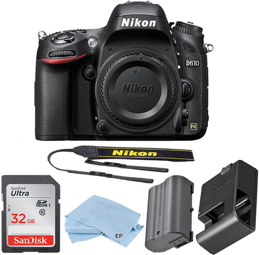 Nikon D610 24.3 MP CMOS FX-Format Digital SLR Camera Body Bundle with 32 GB Memory Card and Accessory Kit