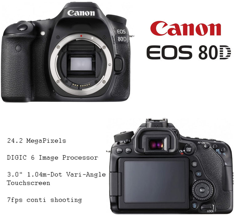 Canon EOS 80D DSLR Camera w/Canon 18-55mm STM Lens Kit + Pro Photo & Video Accessories Including 128GB Memory, Speedlight TTL Flash, Battery Grip, LED Light, Condenser Micorphone