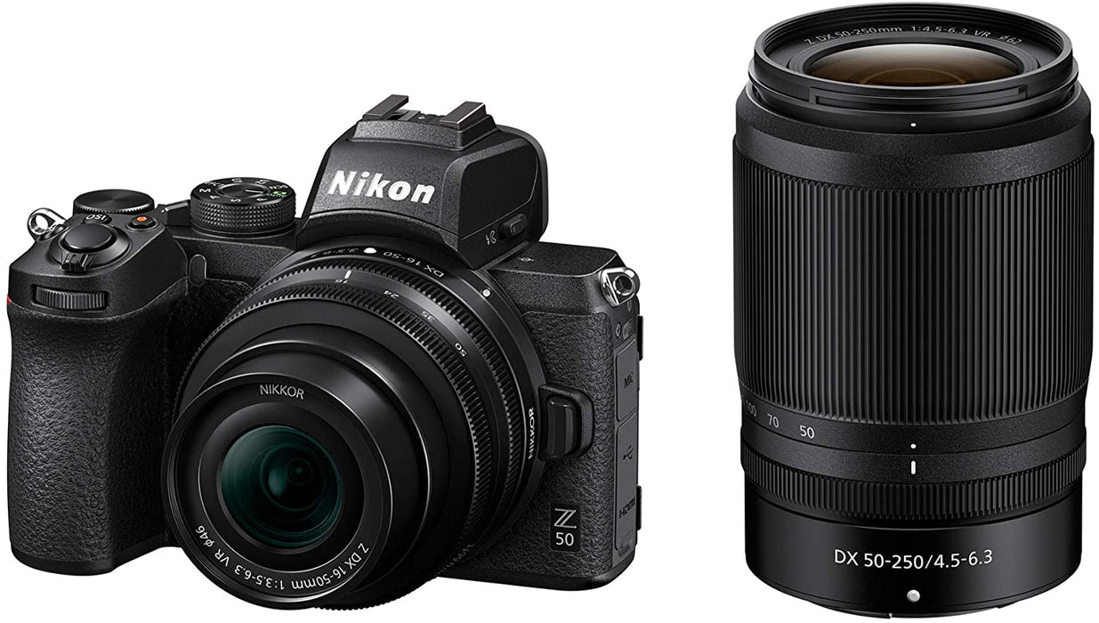 Nikon Z 50 Mirrorless Camera with Z 16-50 & 50-250 VR Lenses and Mount Adapter with 64GB Card and Accessory Bundle (3 Items)
