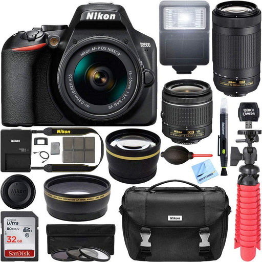 Nikon D3500 DSLR Camera w/AF-P DX 18-55mm VR and 70-300mm Double Zoom Lens Bundle with Travel Case, Wide Angle Lens, Telephoto Lens, Filter Sets, 32GB Memory Card and Accessories (11 Items)