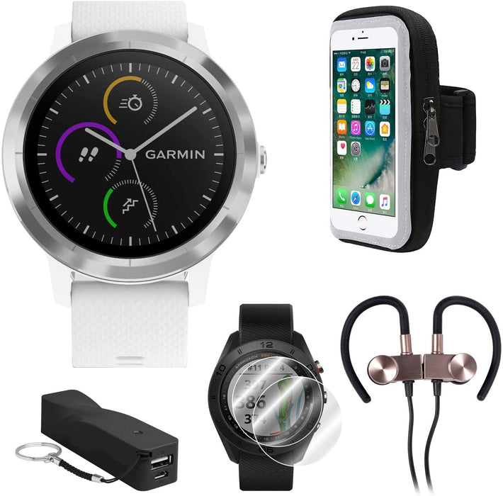 Garmin Vivoactive 3 GPS Fitness Smartwatch w/Deco Gear Runner Bundle - White+Stainless