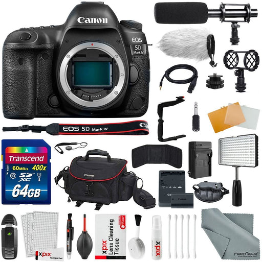 Canon EOS 5D Mark IV DSLR Camera (Body Only) +Pro Broadcast-Quality Interview Condenser Shotgun Microphone & Professional Portable LED Light Kit Along with Xpix Cleaning Accessories