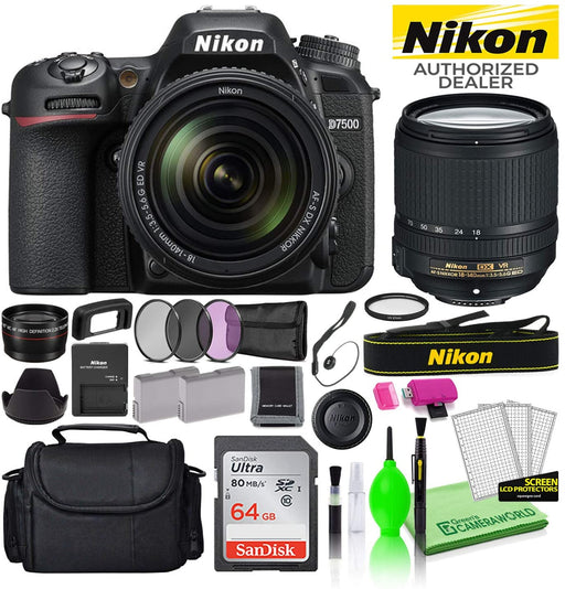 Nikon D7500 20.9MP DSLR Digital Camera with 18-140mm VR Lens (1582) USA Model Deluxe Bundle Kit -Includes- Sandisk 64GB SD Card + Large Camera Bag + Filter Kit + Spare Battery + Telephoto Lens + More