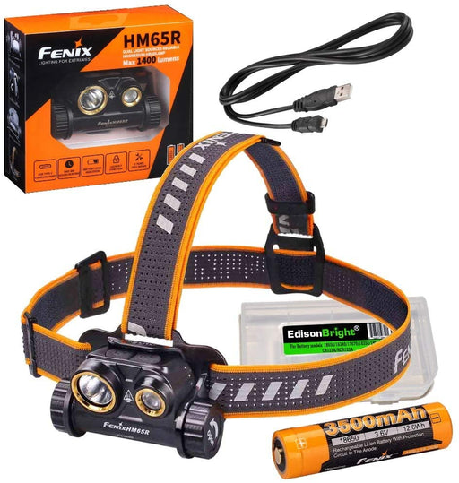 Fenix HM65R 1400 lumen dual beam LED Headlamp, high capacity battery with EdisonBright battery carry case bundle