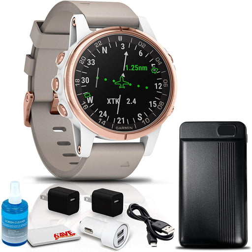 Garmin D2 Delta S Aviator Watch (42mm, Beige Leather Band) Bundle with Power Bank, 2-Port USB Card Adapter, Two USB Wall Adapters, and 6Ave Cleaning Kit