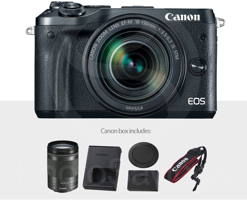 Canon EOS M6 Mirrorless Digital Camera with 18-150mm Lens Bundle with 2X 32GB + Telephoto & Wide-Angle Lens + Flash + Remote + Tripod + Filters + Camera Case & Strap + Xpix Lens Accessories
