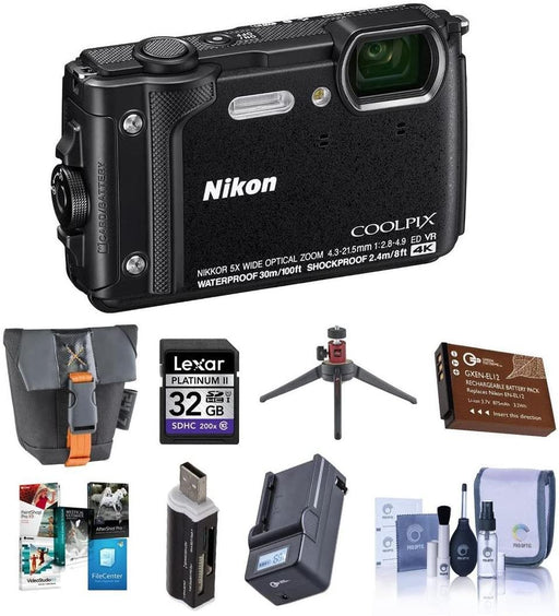 Nikon Coolpix W300 Point & Shoot Camera, Black - Bundle with 32GB SDHC Card, Camera Case, Spare Battery, Table Top Tripod, Compact Charger, Card Reader, Cleaning Kit, Software Package