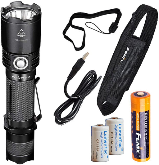 Fenix TK20R 1000 Lumens High Capacity USB Rechargeable LED Tactical Flashlight with 1x Rechargeable Battery and 2x Backup LumenTac CR123A Batteries