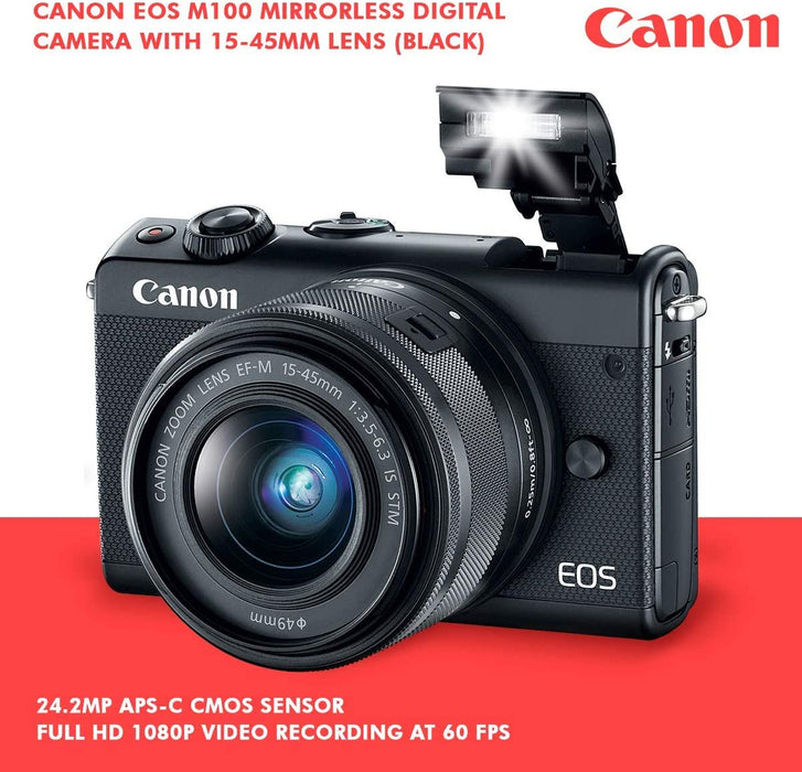 Canon EOS M100 Mirrorless Camera w/ 15-45mm Lens (Black) + 32GB + Charger + Basic Xpix Accessory Bundle