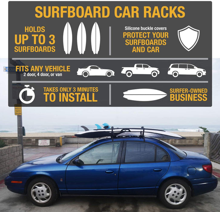 Surfboard Car Roof Rack Padded System (Holds Up to 3 Boards) with Silicone Buckle Covers