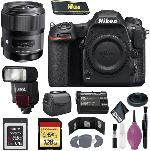 Nikon D500 DSLR Camera (Body Only) (International Model) - 128GB - Case - EN-EL15 Battery - Sony 64GB XQD G Series Memory Card - EF530 ST & 35 f/1.4 DG HSM Lens F