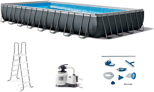 Intex 26373EH 32ft x 16ft x 52in Ultra XTR Frame Outdoor Above Ground Rectangular Swimming Pool Set with Sand Filter Pump, Ladder, Ground Cloth, Pool Cover, and Maintenance Kit