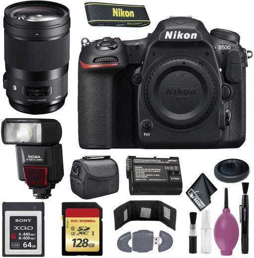 Nikon D500 DSLR Camera (Body Only) (International Model) - 128GB - Case - EN-EL15 Battery - Sony 64GB XQD G Series Memory Card - EF530 ST & 40mm f/1.4 DG HSM Art Lens