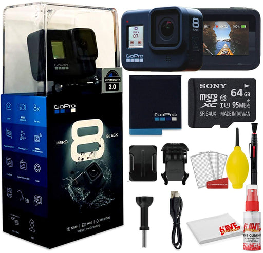 GoPro HERO8 Black Digital Action Camera - Waterproof, Touch Screen, 4K UHD Video, 12MP Photos Live Streaming, Stabilization - with Cleaning Set + 64GB Memory Card and More - Starter Bundle