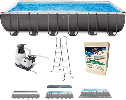 Intex 26363EH 24ft x 12ft x 52in Ultra XTR Frame Outdoor Above Ground Rectangular Swimming Pool Set with Sand Filter Pump, Ladder, Ground Cloth, Pool Cover, and Winterizing Kit