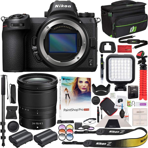 Nikon Z6 Mirrorless Camera Body FX-Format Full-Frame 4K Ultra HD with NIKKOR Z 24-70mm f/4 S Lens Kit and Deco Gear Travel Gadget Bag Case with Extra Battery & Accessory Kit Editing Software Bundle
