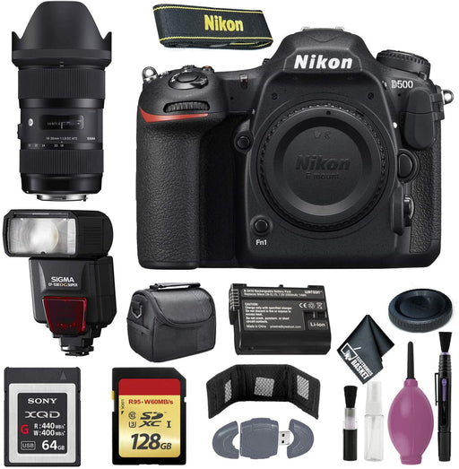 Nikon D500 DSLR Camera (Body Only) (International Model) - 128GB - Case - EN-EL15 Battery - Sony 64GB XQD G Series Memory Card - EF530 ST & 18-35MM 1.8 DC HSM F