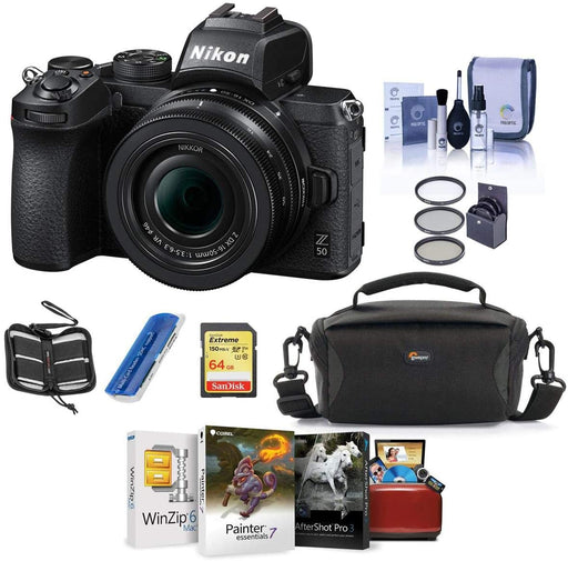 Nikon Z50 Mirrorless Camera with NIKKOR Z DX 16-50mm f/3.5-6.3 VR Lens - Bundle With Camera Case, 64GB SDXC Memory Card, 46mm Filter Kit, Cleaning Kit, memory Wallet, Card Reader, Mac Software Package