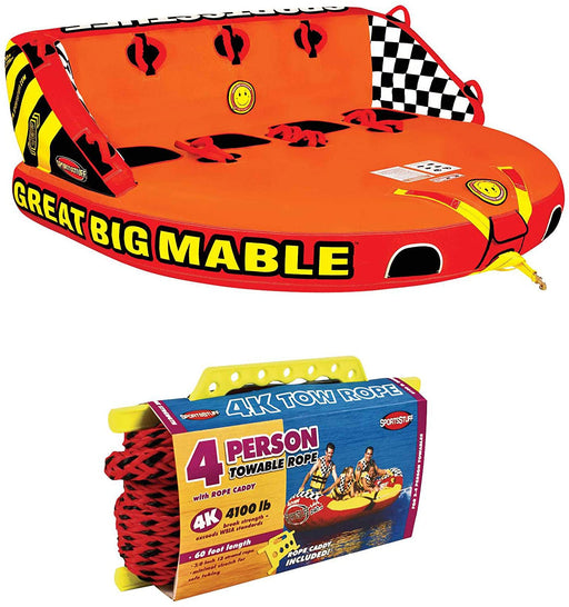 SPORTSSTUFF 53-2218 Great Big Mable 4-Person Towable Boat and Lake Tube Inflatable with 60 Foot Tow Rope, Heavy-Duty Full Nylon Cover, & Grab Handles