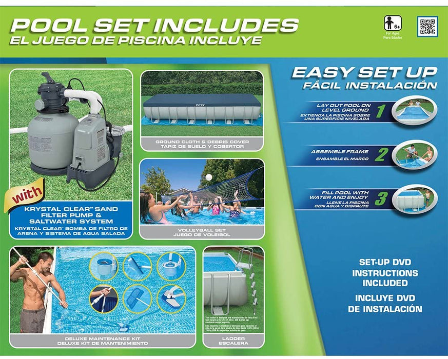 Intex 24ft X 12ft X 52in Ultra Frame Rectangular Pool Set with Sand Filter Pump & Saltwater System, Ladder, Ground Cloth, Pool Cover, Deluxe Maintenance Kit & Volleyball Set