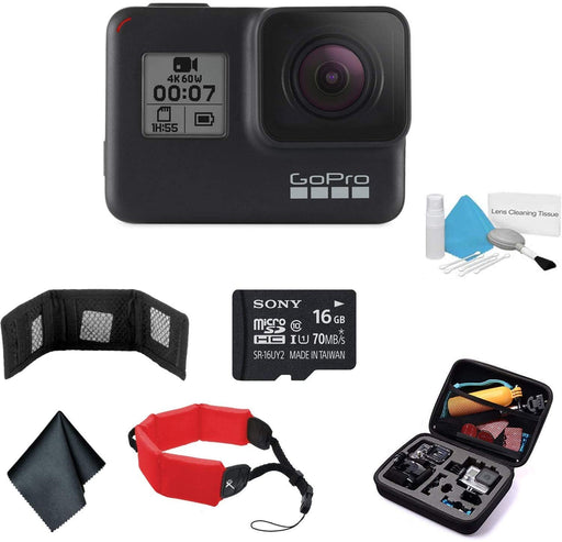 GoPro HERO7 (Black) Waterproof Digital Action Camera with Touch Screen 4K HD Video 12MP Photos Live Streaming Stabilization - Bundle with 16GB Memory Card + Floating Wrist Strap