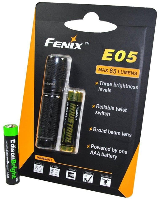 Fenix E05 black CREE XP-E2 85 Lumen LED keychain flashlight with EdisonBright AAA alkaline battery