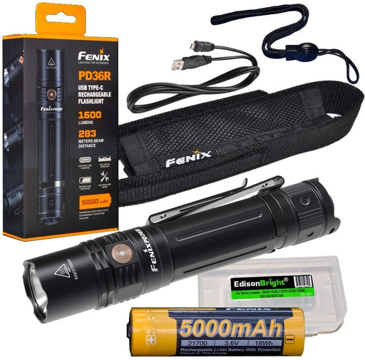 Fenix PD36R 1600 Lumen USB rechargeable CREE LED tactical Flashlight with EdisonBright charging cable carry case bundle