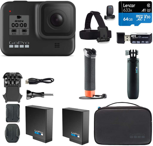 GoPro Hero 8 Action Camera with Shorty Tripod, Lexar 633x 64GB Memory Card, Two Spare GoPro Batteries, Card Reader and GoPro Handler Float Handle with GoPro Case