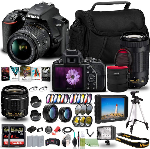 Nikon D3500 DSLR Camera with 18-55mm and 70-300mm Lenses (1588) USA Model + 4K Monitor + 2 x 64GB Extreme Pro Card + 2 x EN-EL14a Battery + Corel Software + Tripod + Case + 3 Piece Filter Kit + More