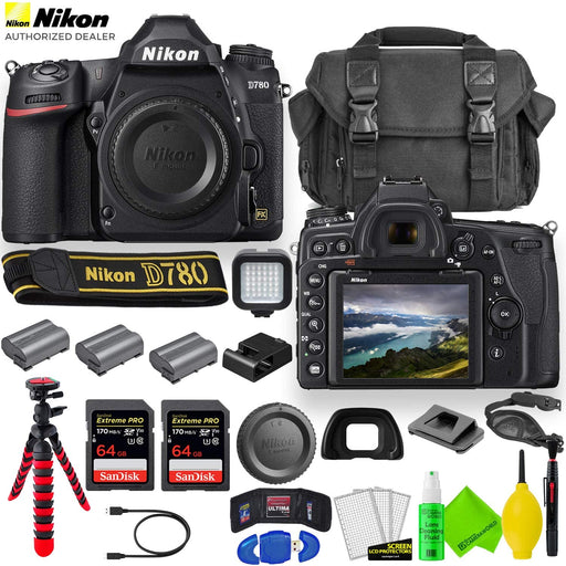 Nikon D780 DSLR Camera (Body Only) 1618 with 2 Extra Batteries + Large Case + 2 Sandisk Extreme Pro 64GB Card + LED Light + 12" Flex Tripod + Lens Cleaning Set + More