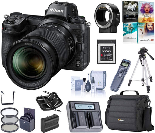 Nikon Z6 FX-Format Mirrorless Camera w/NIKKOR Z 24-70mm f/4 S Lens Bundle with Mount Adapter FTZ, Bag, Intervalometer, 32GB XQD Card, Dual Charger, Battery, Filter Kit, Tripod, PC Software + More