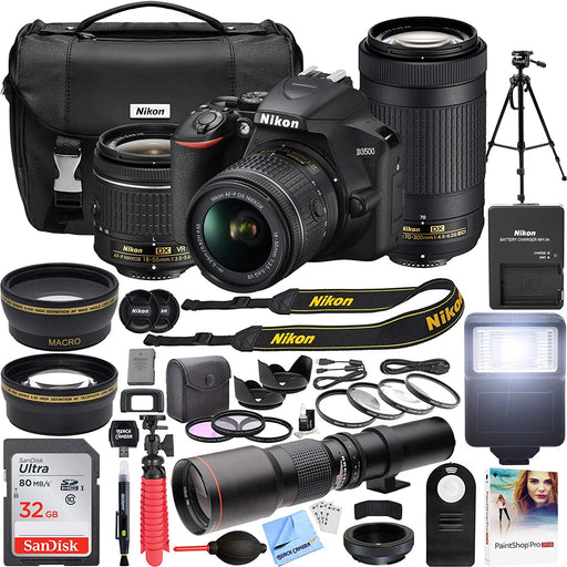 Nikon D3500 DSLR Camera with 2 Lens NIKKOR AF-P DX 18-55mm f/3.5-5.6G VR and 70-300mm f/4.5-6.3G ED Dual Zoom Lens Bundle with 500mm Preset f/8 Telephoto Lens and Accessories (22 Items)