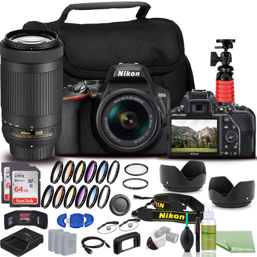 Nikon D3500 DSLR Camera - Bundle - with 18-55mm and 70-300mm Lenses (1588) USA Model + 2X EN-EL14a Battery + 2X SanDisk Ultra 64GB Card + 55mm Color Filter Kit + 58mm Color Filter Kit + Case + More