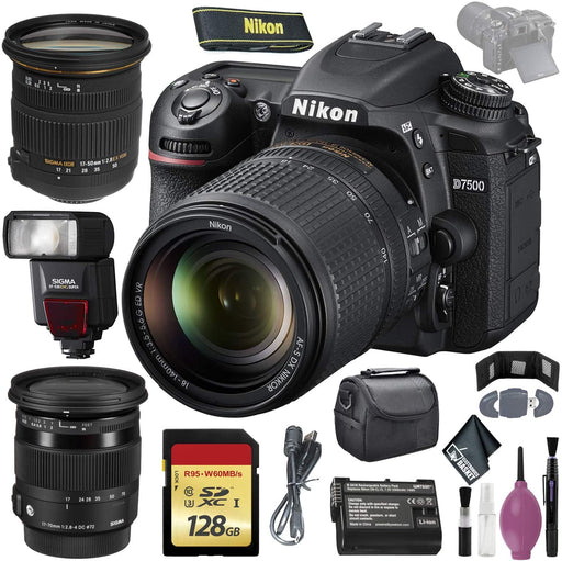 Nikon D7500 DSLR Camera w/ 18-140mm Lens (International Model) - 128GB - Case - EN-EL15 Battery - Sigma EF530 ST - 17-50 2.8 EX DC OS HSM NIKON - 17-70mm f/2.8-4 DC Macro OS HSM Lens