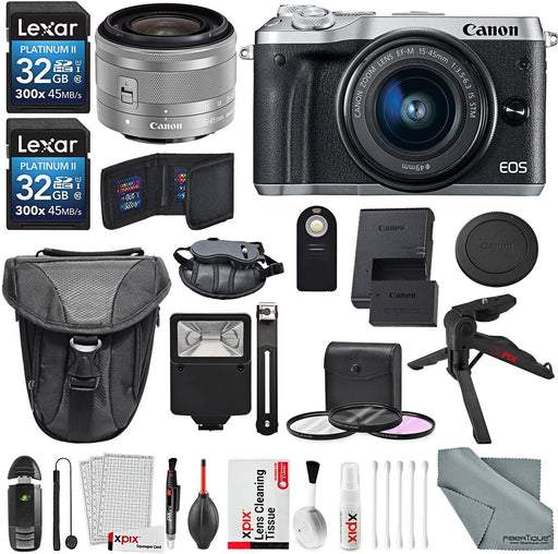 Canon EOS M6 Mirrorless Digital Camera with 15-45mm Lens Bundle with 2X 32GB + Flash + Remote + Tripod + Filters + Camera Case & Strap + Xpix Lens Accessories