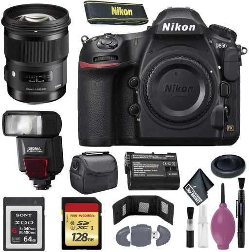 Nikon D850 DSLR Camera (Body Only) (International Model) - 128GB - Case - EN-EL15 Battery - Sony 64GB XQD G Series Memory Card - EF530 ST & 50mm f/1.4 DG HSM Art Lens