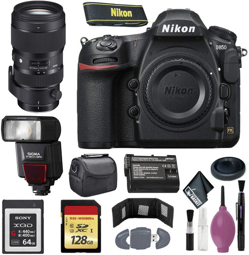 Nikon D850 DSLR Camera (Body Only) (International Model) - 128GB - Case - EN-EL15 Battery - Sony 64GB XQD G Series Memory Card - EF530 ST & 50-100mm f/1.8 DC HSM Art Lens