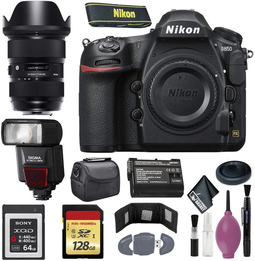 Nikon D850 DSLR Camera (Body Only) (International Model) - 128GB - Case - EN-EL15 Battery - Sony 64GB XQD G Series Memory Card - EF530 ST & 24-35mm f/2 DG HSM Art Lens
