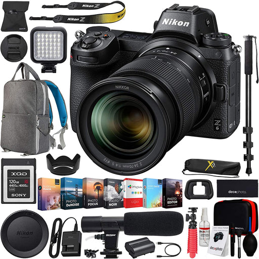 Nikon Z6 Mirrorless FX-Format Full-Frame 4K Ultra HD Camera Body with NIKKOR Z 24-70mm f/4 S Lens Kit and Deco Gear Backpack Cleaning Kit Microphone Editing Suite Bundle
