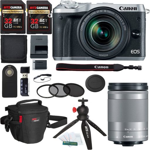 Canon EOS M6 (Silver) 18-150mm f/3.5-6.3 is STM, Ritz Gear SD 32GB U3 2 Pack, Filter Kit, Photo Pack, Tabletop Tripod, Wireless Remote Control, Card Reader, Memory Card Wallet, and Accessory Bundle