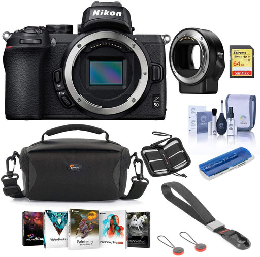 Nikon Z50 Mirrorless Camera Body - Bundle with Nikon Mount Adapter FTZ, Camera Case, Peak Camera Cuff Wrist Strap Charcoal, 64GB SDXC Card, Cleaning Kit, Memory Wallet, Card Reader, Software Package