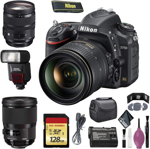 NIKON D750 Digital Camera 24-120mm F/4 VR Lens (International Model) - 128GB - Case - EN-EL15 Battery - Sigma EF530 ST - 28mm f/1.4 DG HSM Art Lens F - 24-70mm f 2.8 DG OS HSM Art Lens EF