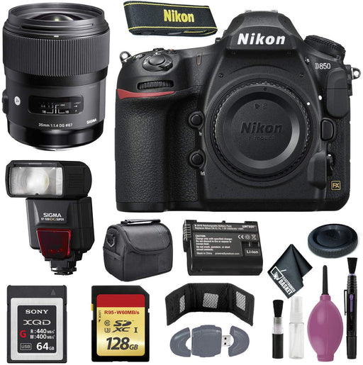 Nikon D850 DSLR Camera (Body Only) (International Model) - 128GB - Case - EN-EL15 Battery - Sony 64GB XQD G Series Memory Card - EF530 ST & 35 f/1.4 DG HSM Lens F