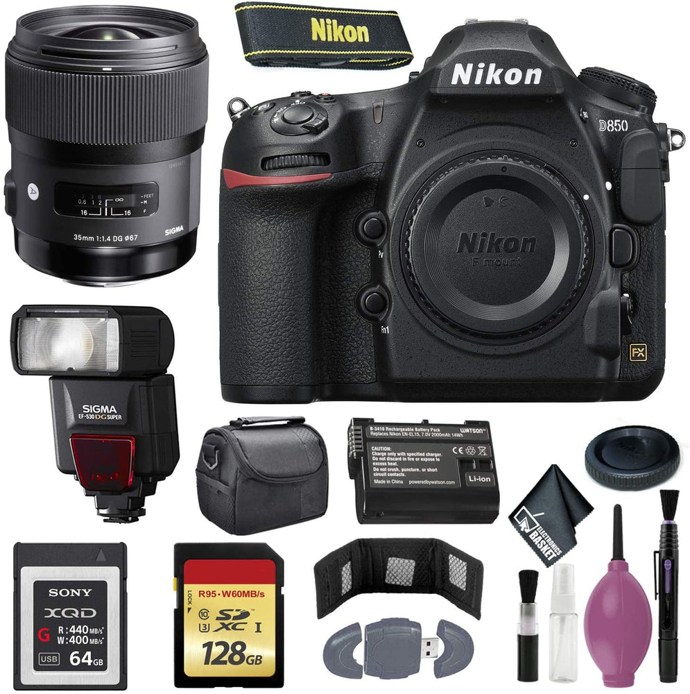 Nikon D850 DSLR Camera (Body Only) (International Model) - 128GB - Case - EN-EL15 Battery - Sony 64GB XQD G Series Memory Card - EF530 ST & 35 f/1.4 DG HSM Lens F