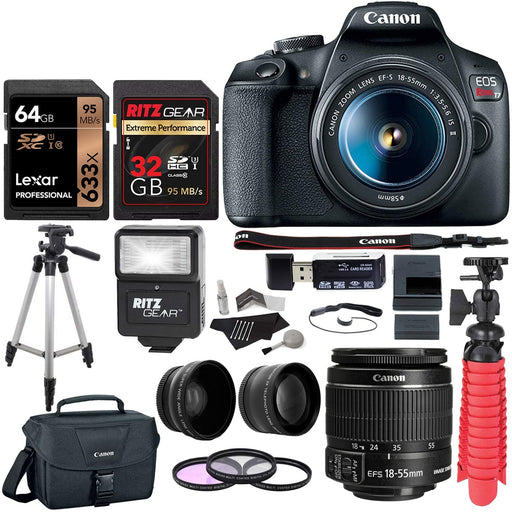 Canon EOS Rebel T7 24MP Camera with EF-S 18-55mm is II Lens, 2 Memory Cards, Slave Flash, 50" Tripod, Camera Bag, Cleaning Kit and Memory Card Reader/Writer Bundle