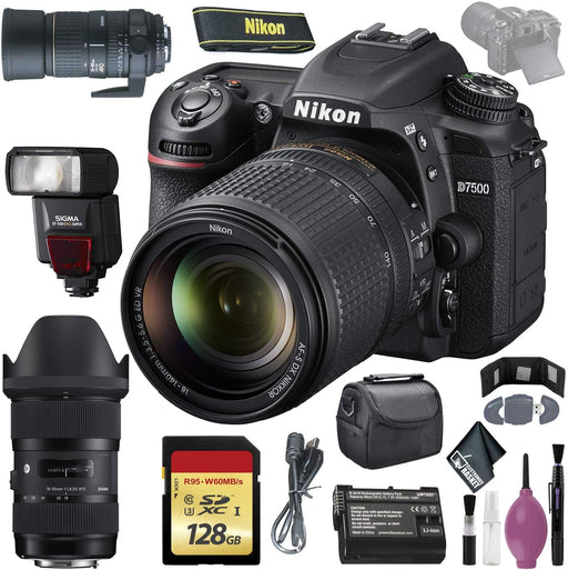 Nikon D7500 DSLR Camera w/ 18-140mm Lens (International Model) - 128GB - Case - EN-EL15 Battery - Sigma EF530 ST - AF135-400 F4.5-5.6 DG APO Lens Mount - 18-35MM 1.8 DC HSM F/NIKON