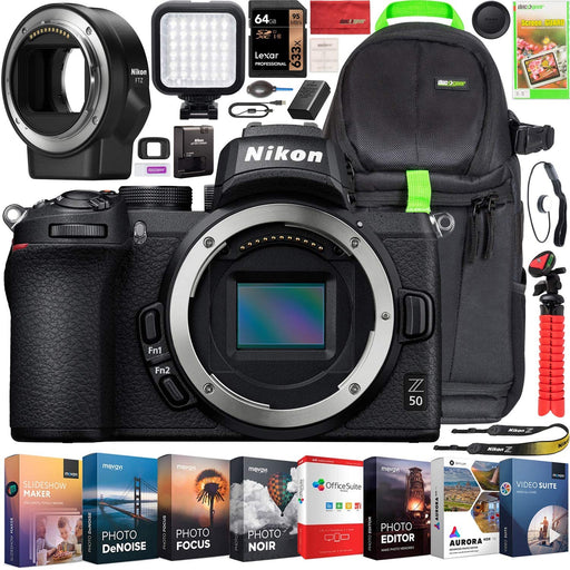 Nikon Z50 Mirrorless Camera Body 4K UHD DX-Format Bundle FTZ Lens Mount Adapter and Deco Gear Backpack Travel Case + Photo Video LED + Compact Tripod + 64GB Card + Software & Accessories